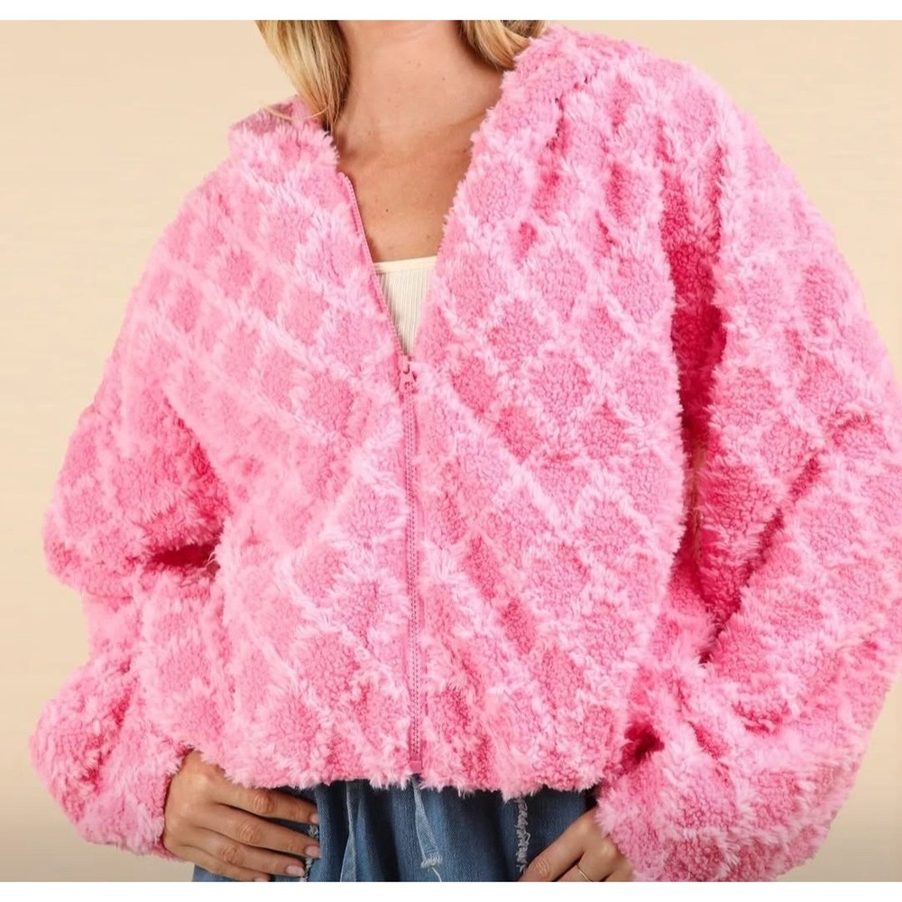 New In Pink Fuzzy Teddy Jacket Diamond Lattice Zip Up Hooded Cropped Coat Large